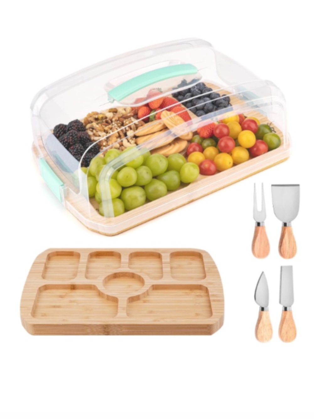 Bamboo Charcuterie Board with Clear Taller Lid, 7 Compartments, Blue Handles